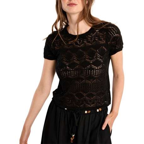 Pull noir uni pourvu d'une coupe ajustée et de manches courtes - Image 4