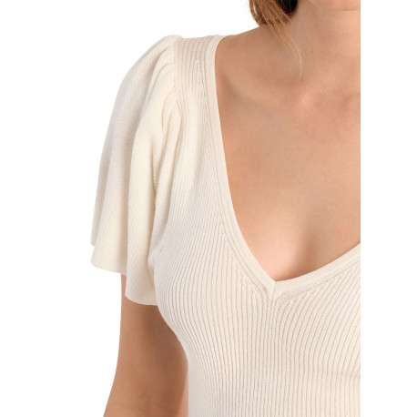Pull blanc uni pourvu de manches courtes et d'une coupe ajustée - Image 5