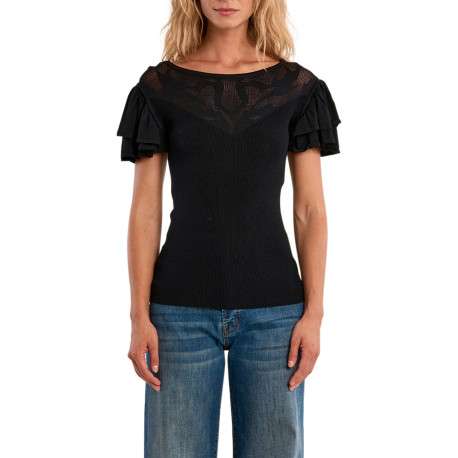 T-shirt noir uni pourvu d'un col rond et de manches courtes