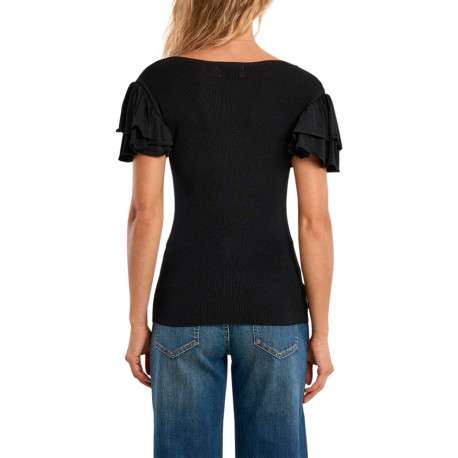 T-shirt noir uni pourvu d'un col rond et de manches courtes - Image 2