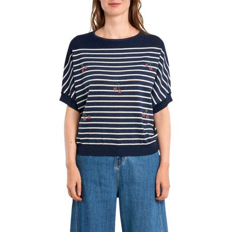 Pull marine à rayures pourvu d'un col rond et de manches courtes