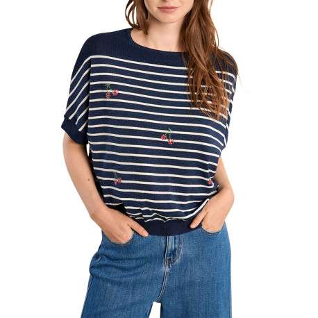 Pull marine à rayures pourvu d'un col rond et de manches courtes - Image 4