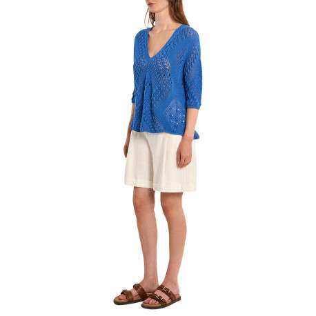 Pull bleu uni pourvu de manches longues et d'une coupe droite - Image 3