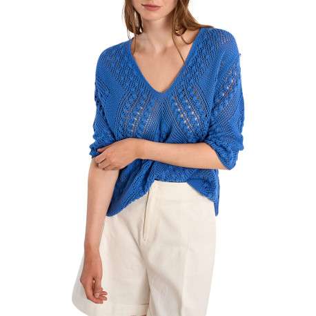 Pull bleu uni pourvu de manches longues et d'une coupe droite - Image 4