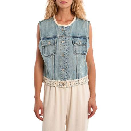 Blouson en coton stone uni pourvu d'une coupe droite et d'un col rond - Image 2