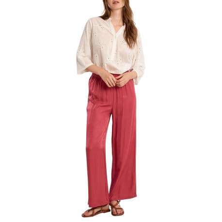Pantalon framboise uni pourvu d'une coupe large et d'une taille haute - Image 3
