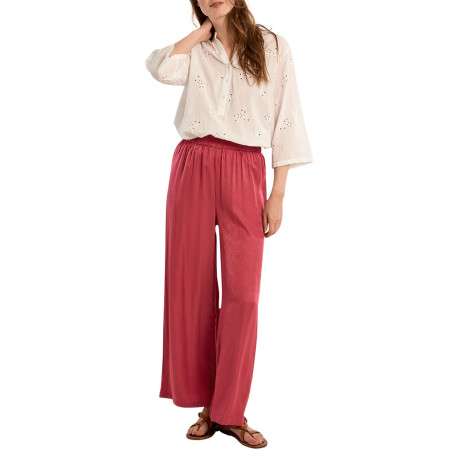 Pantalon framboise uni pourvu d'une coupe large et d'une taille haute - Image 4