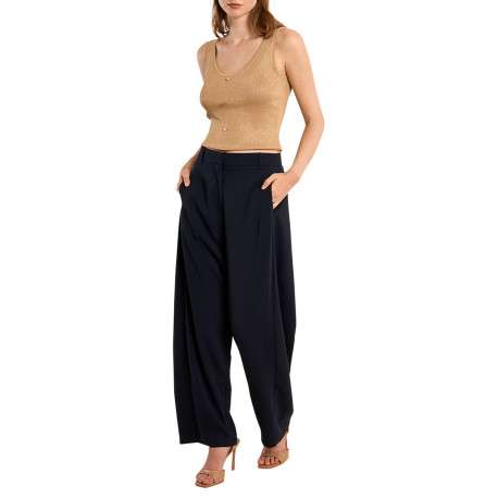 Pantalon chino marine uni pourvu d'une coupe large et d'une taille haute - Image 3