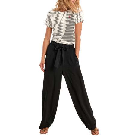 Pantalon noir uni pourvu d'une taille haute et d'une coupe large - Image 4