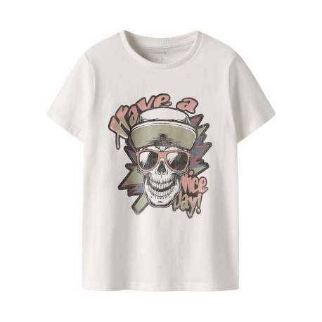 T-shirt en coton biologique blanc uni pourvu d'un imprimé tête de mort