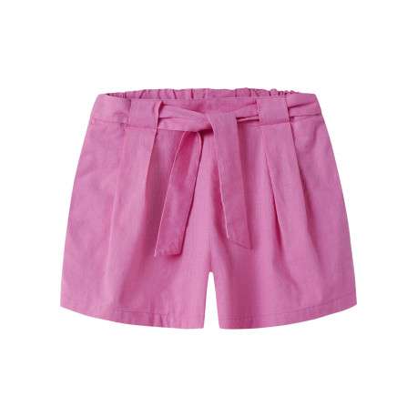 Short en lin et coton rose uni pourvu d'une taille élastiquée