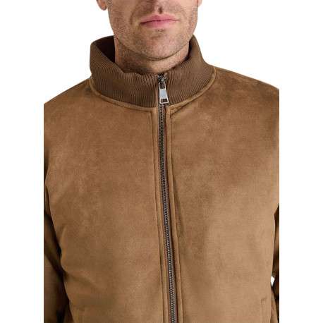Blouson taupe uni avec une coupe droite et un col montant - Image 5