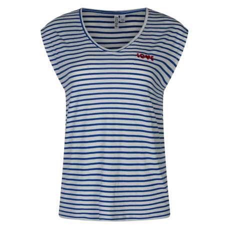 T-shirt écru pourvu de rayures bleues horizontales et d'un col rond