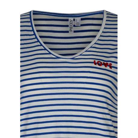 T-shirt écru pourvu de rayures bleues horizontales et d'un col rond - Image 3