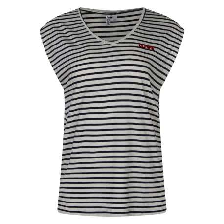 T-shirt écru pourvu de rayures marine horizontales et d'un col rond