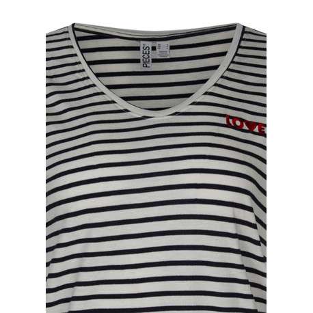 T-shirt écru pourvu de rayures marine horizontales et d'un col rond - Image 3