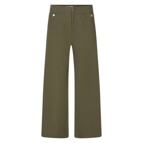 Pantalon Madeline en coton mélangé kaki uni pourvu d'une coupe large