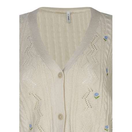 Gilet en coton mélangé écru uni pourvu de fleurs brodées et d'un col v - Image 3