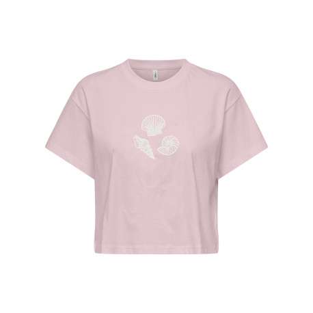 T-shirt en coton biologique rose uni pourvu de broderies coquillages