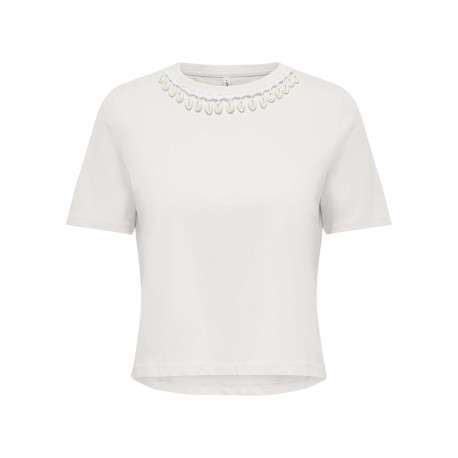 T-shirt en coton biologique blanc uni pourvu de coquillages le long du col
