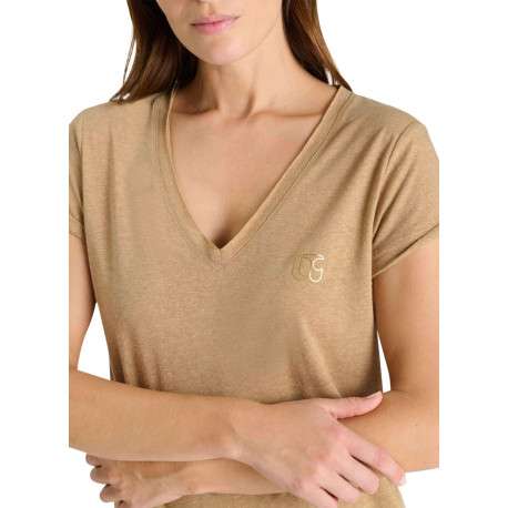 T-shirt marron à coupe droite pourvu d'un col v et de manches courtes - Image 5