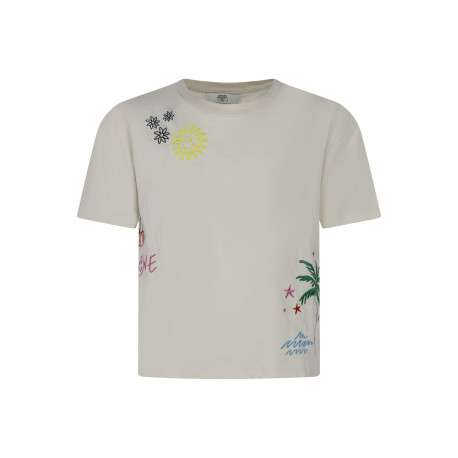 T-shirt en coton écru uni pourvu de motifs brodés et d'une coupe droite