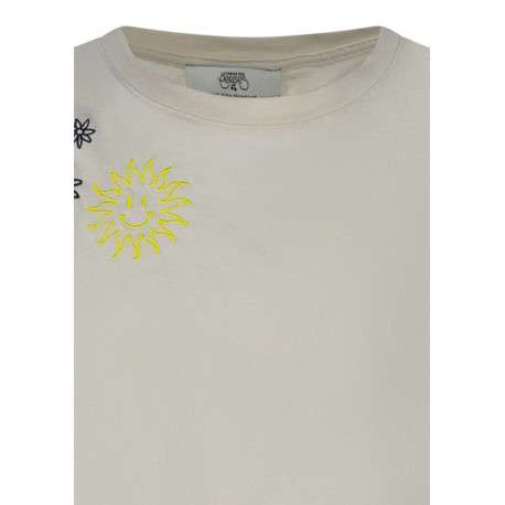 T-shirt en coton écru uni pourvu de motifs brodés et d'une coupe droite - Image 3