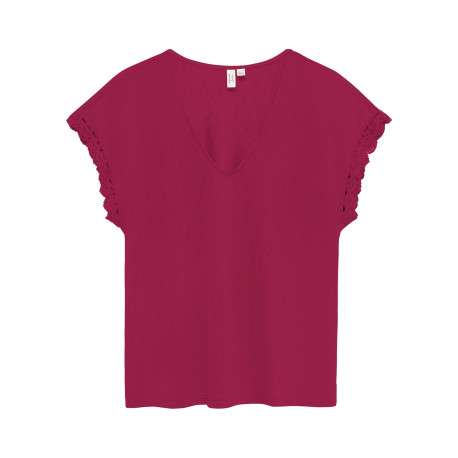 T-shirt fuchsia uni pourvu d'une coupe droite et de manches en dentelle