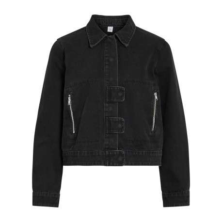 Blouson en Jean noir uni en coton avec une coupe droite et un col à revers