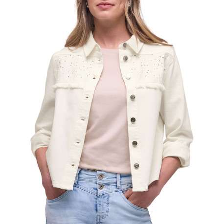 Blouson en coton écru uni avec une coupe droite et un col à revers - Image 3