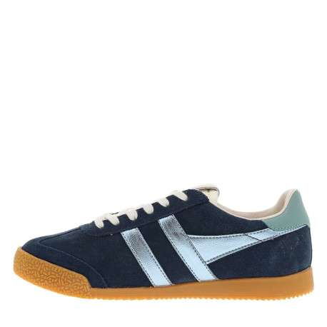 Tennis bleu marine en cuir avec un talon plat et des lacets blancs