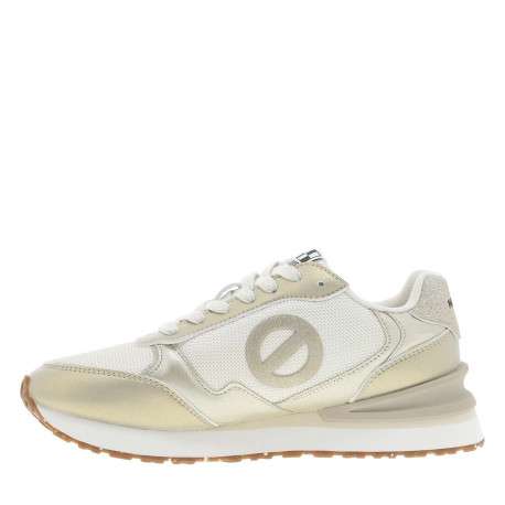 Sneakers grises à semelle plate avec des empiècements dorées sur le pourtour