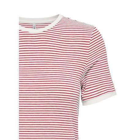 T-shirt rouge à rayures fines avec une coupe ajustée et un col rond - Image 3