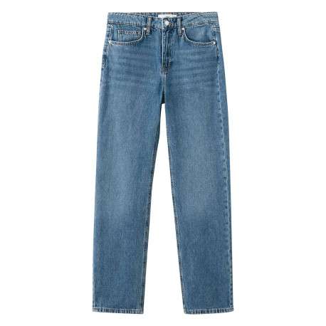 Jean en coton indigo uni avec une coupe droite et des poches plaquées à l'avant