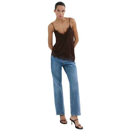 Jean en coton indigo uni avec une coupe droite et des poches plaquées à l'avant - Image 3