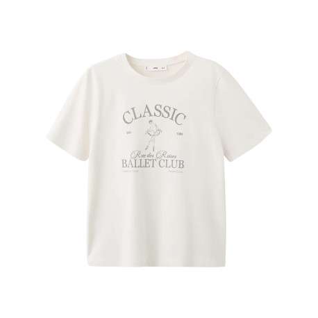 T-shirt en coton écru imprimé avec une coupe droite et un col rond