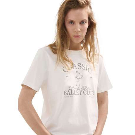 T-shirt en coton écru imprimé avec une coupe droite et un col rond - Image 5