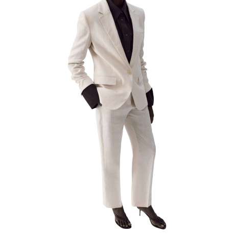 Pantalon chino en coton beige uni avec une taille intermédiaire - Image 3