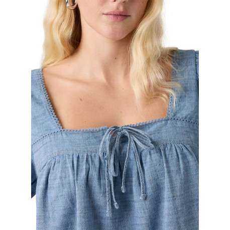 Chemisier en coton bleu uni avec une coupe droite et un col carré - Image 3