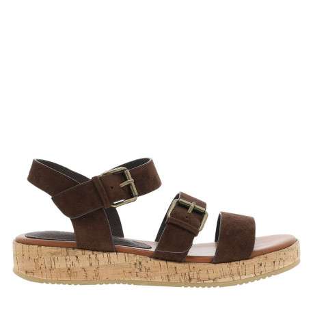 Nu-pieds chocolat à semelle compensé bas et à boucle à ardillon