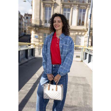 Blouson en jean en coton mélangé bleu vichy pourvu d'un col chemise - Image 2