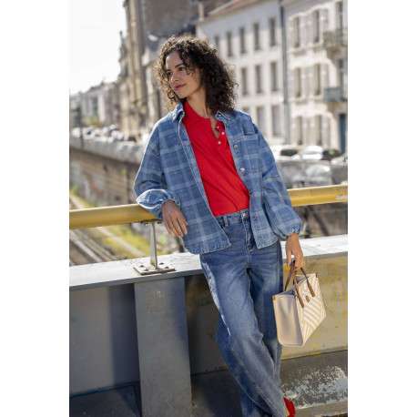 Blouson en jean en coton mélangé bleu vichy pourvu d'un col chemise - Image 3
