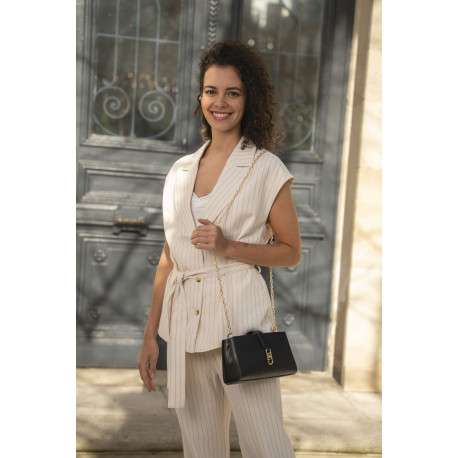 Pantalon beige coupe ample orné d'un motif à rayures verticales - Image 4