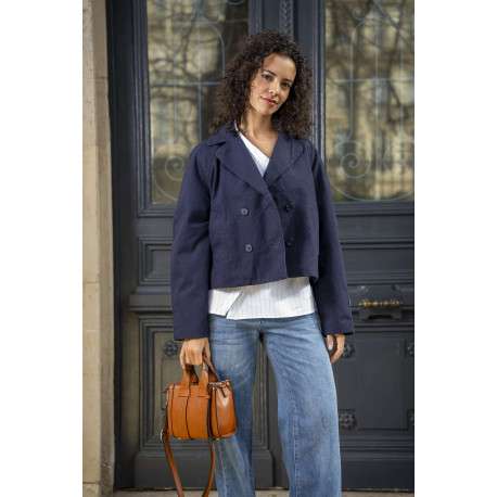Manteau trench en coton marine uni avec une coupe droite et un col à revers - Image 5