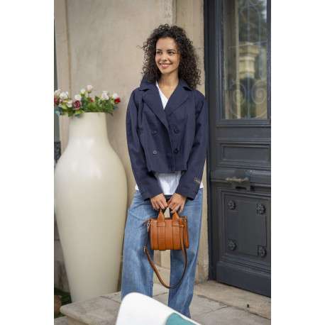 Manteau trench en coton marine uni avec une coupe droite et un col à revers - Image 6