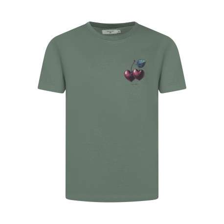 T-shirt en coton kaki uni pourvu d'un imprimé cerises en forme de coeur