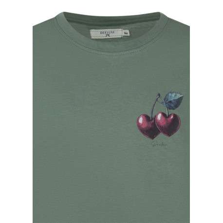 T-shirt en coton kaki uni pourvu d'un imprimé cerises en forme de coeur - Image 3