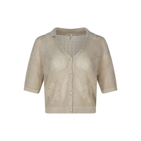 Pull écru uni pourvu d'un col v avec revers et d'une coupe droite