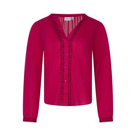 Blouse en coton biologique fuchsia unie pourvue d'un col tunisien