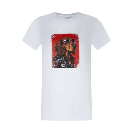T-shirt en coton blanc uni pourvu d'un imprimé chien avec des lunettes de soleil